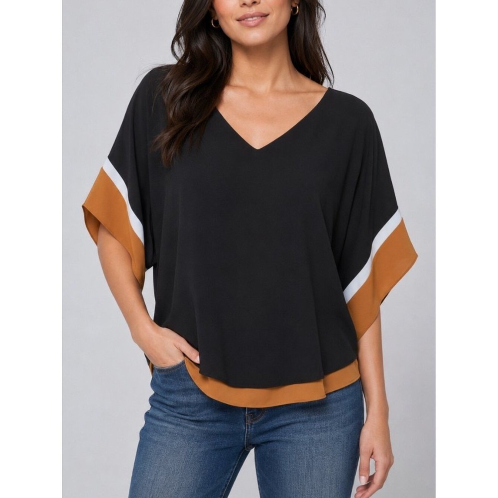White House Black Market Black V-Neck Kimono Colorblock Relaxed Blouse SZ Medium